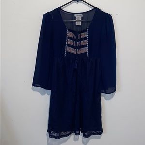 Boho Embroidered Babydoll Mini Dress Bell Sleeve Navy Festival Cottagecore XS